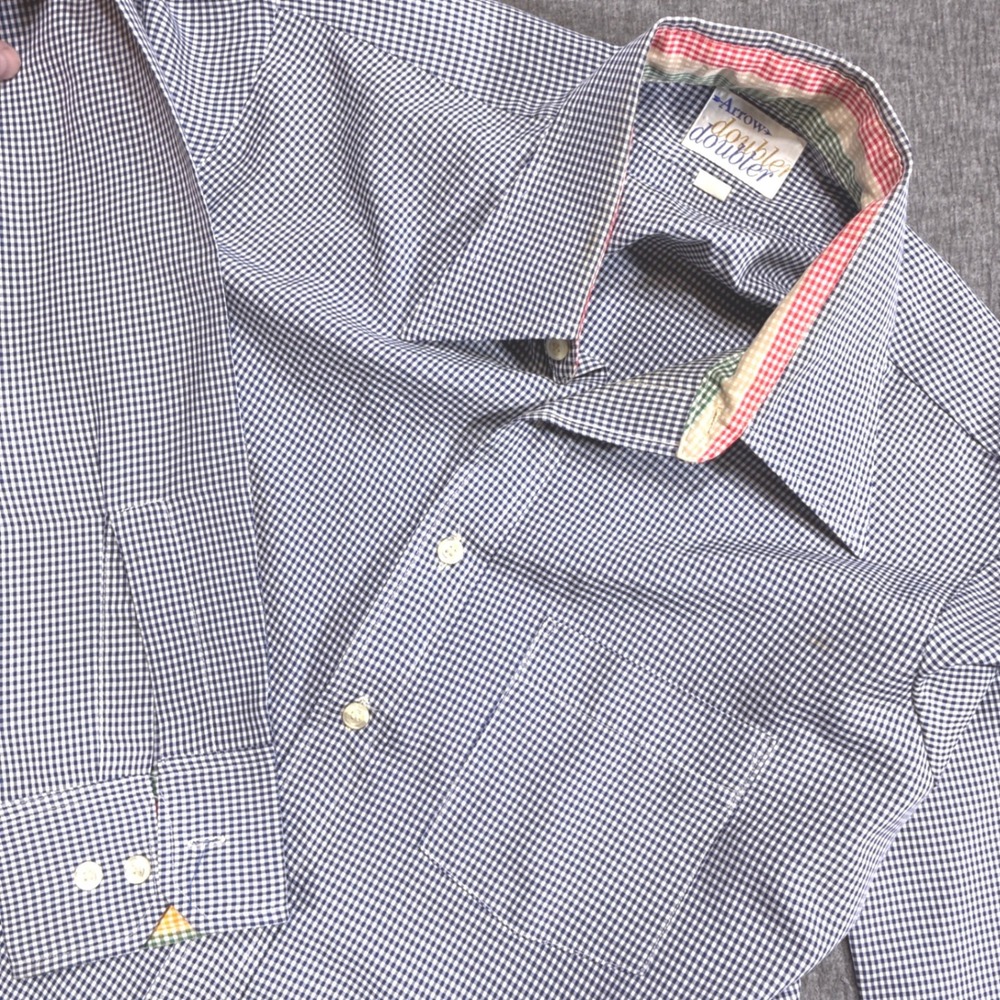Vintage Arrow Doubler Shirt Men 16.5 Blue Gingham Check Long Sleeve Disco Dagger